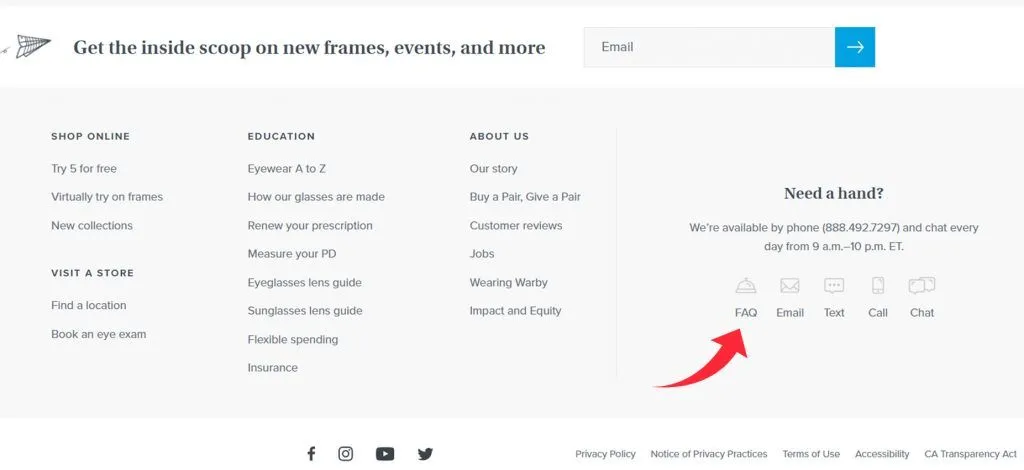 FAQ page placed in the footer on Warby Parker’s website