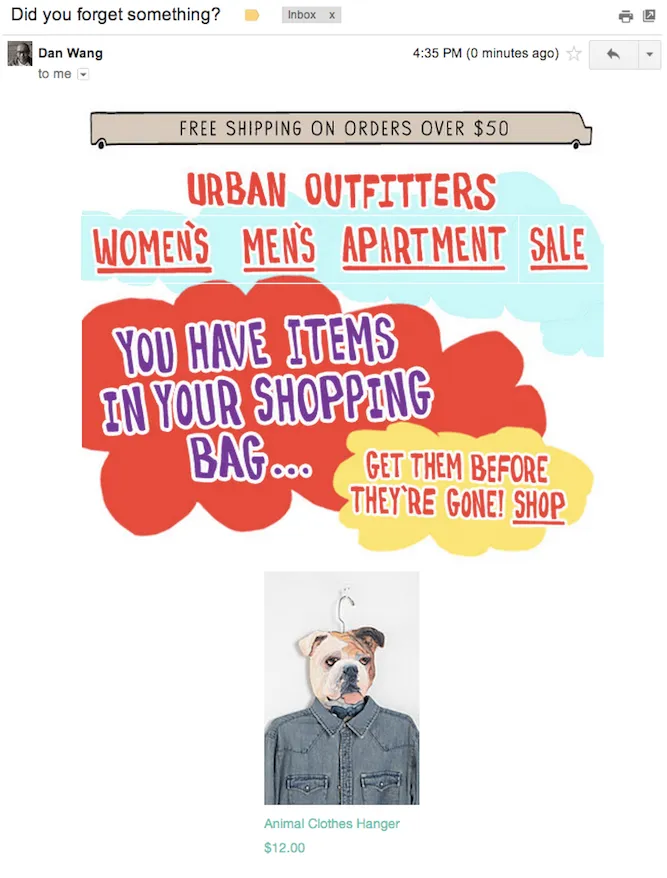 urban outfitters cart abandonment email