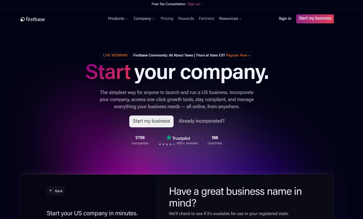 Product landing page example: Firstbase.io