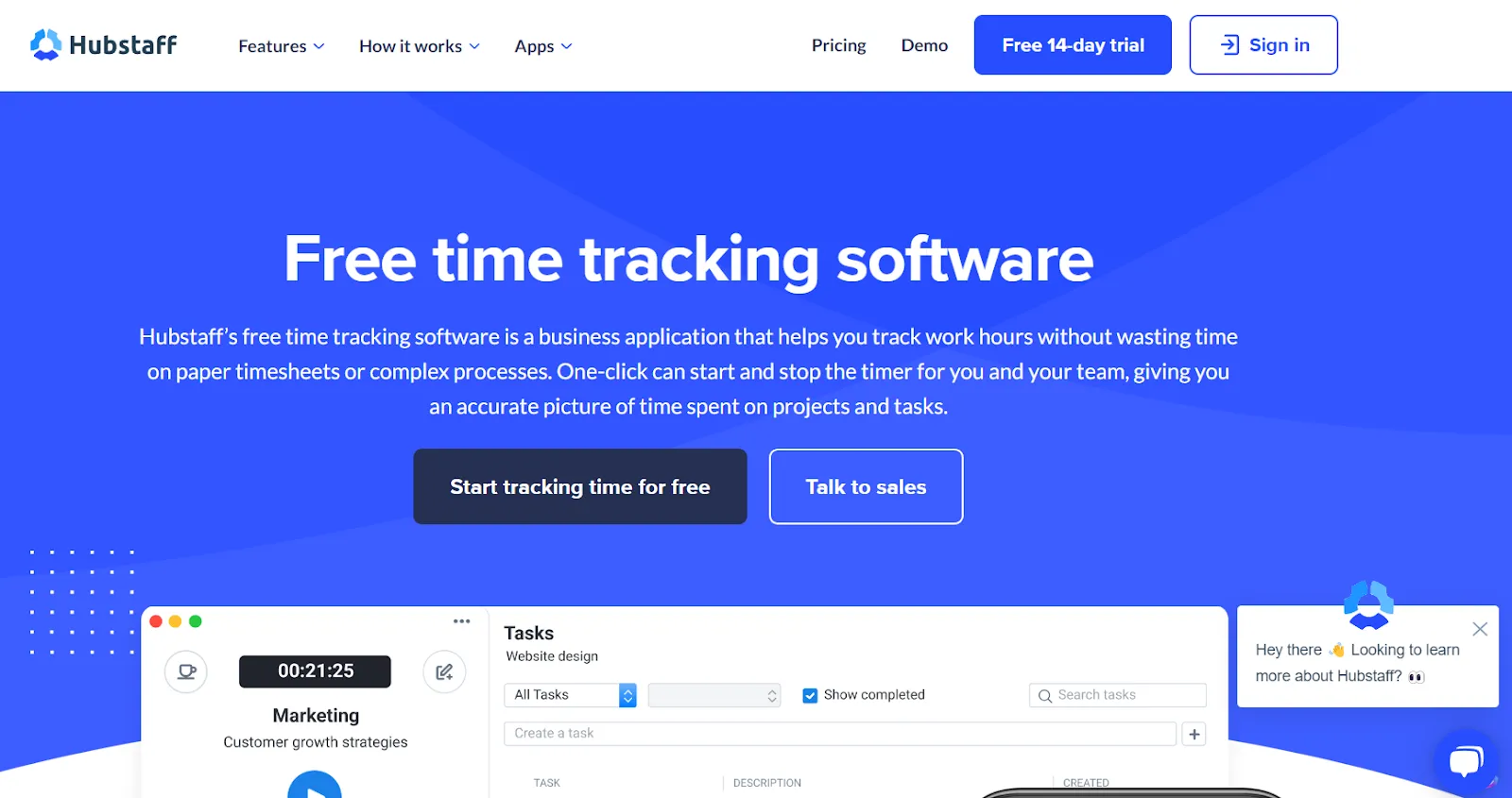 Product landing page example: Hubstaff