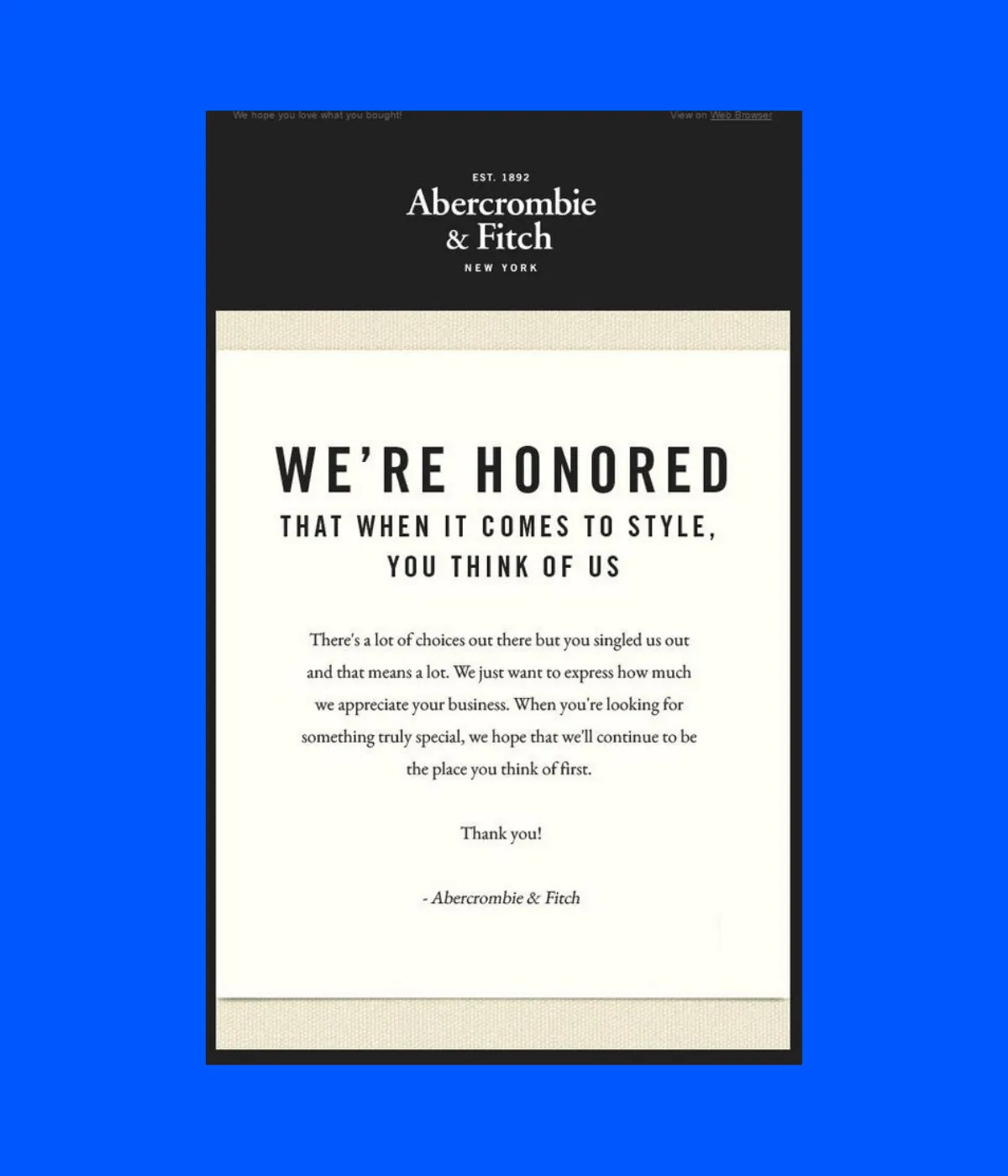 Abercrombie & Fitch thank you email