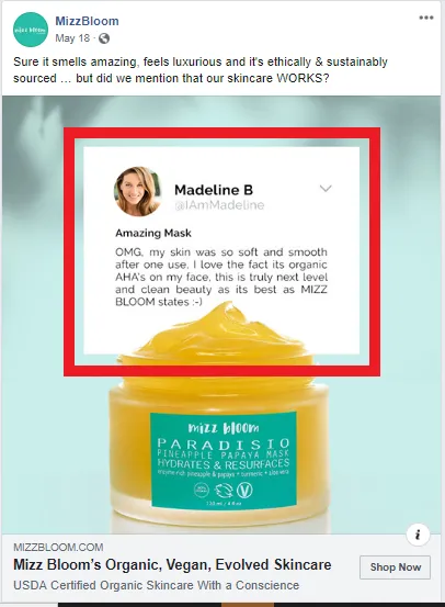 An example of social proofing within a Facebook advertising campaign, which highlights a previous customers review of the product