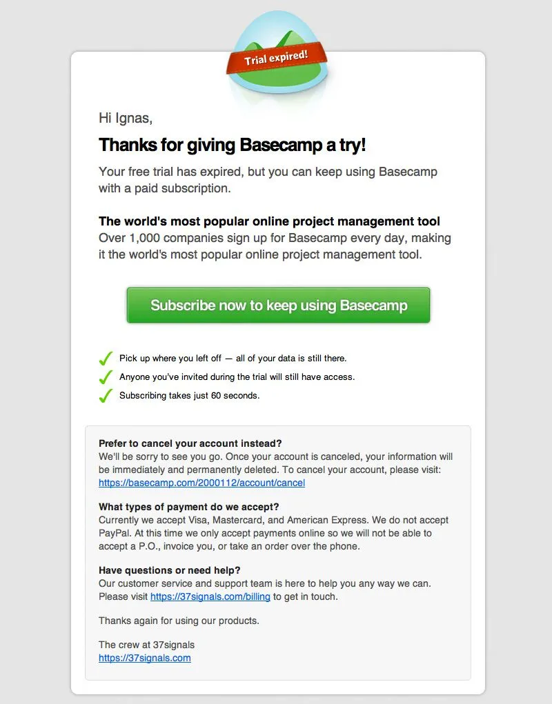 basecamp subscription email