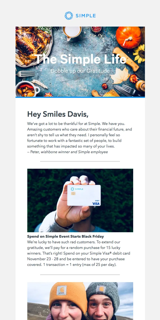 Thanksgiving email example: Simple