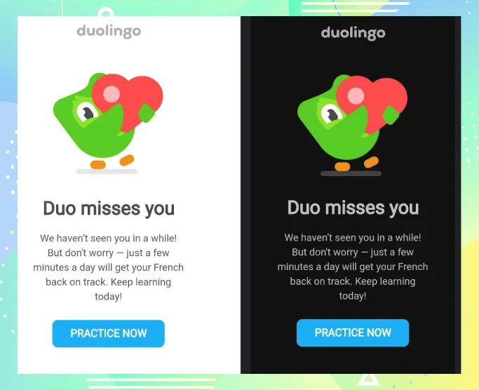 duolingo light and dark mode emails
