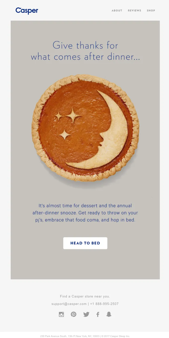 Thanksgiving email example: Casper