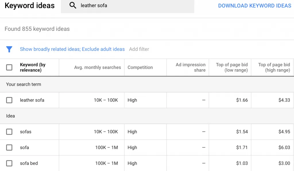 google keyword planner screenshot