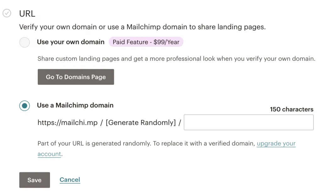 url selection options for landing page