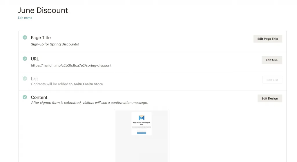 mailchimp landing page editing options