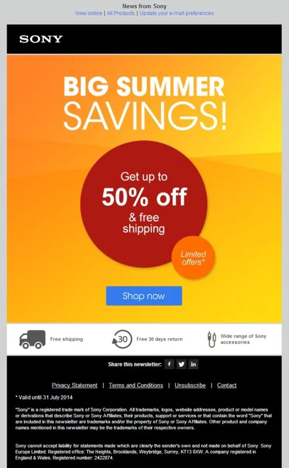 Sony Flash Sale Email