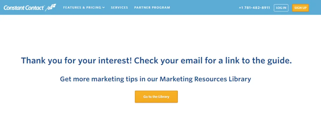 Constant Contact thank you page
