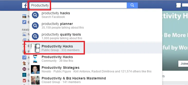 Facebook group search