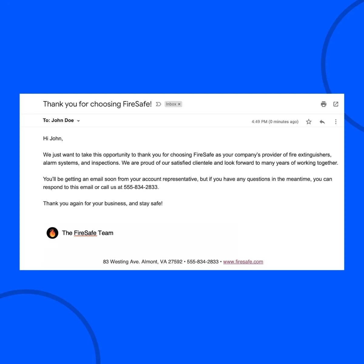 Choosing us thank you email by FireSafe