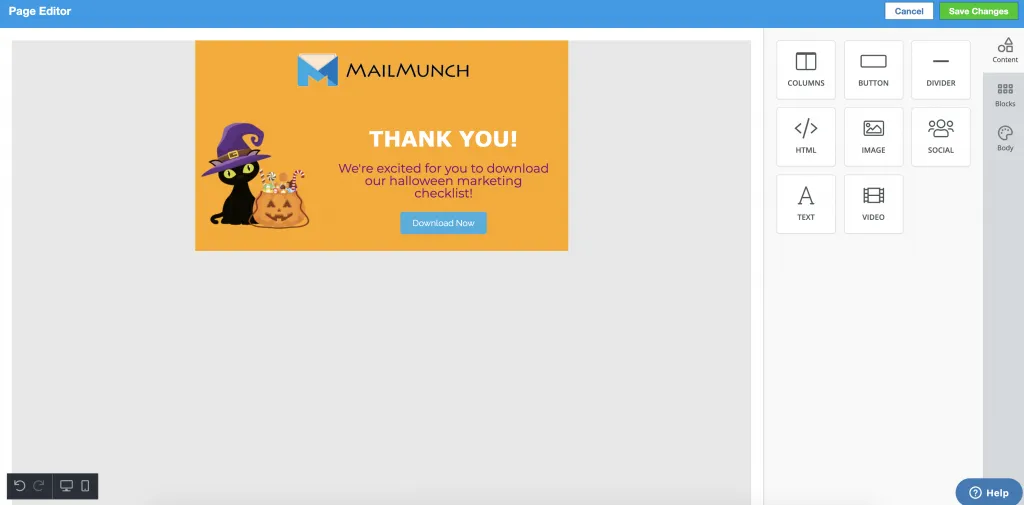 Screenshot of MailMunch thankyou page editor