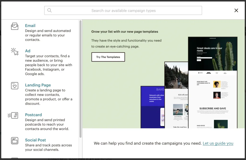 mailchimp dashboard from where you can select which action to proceed with