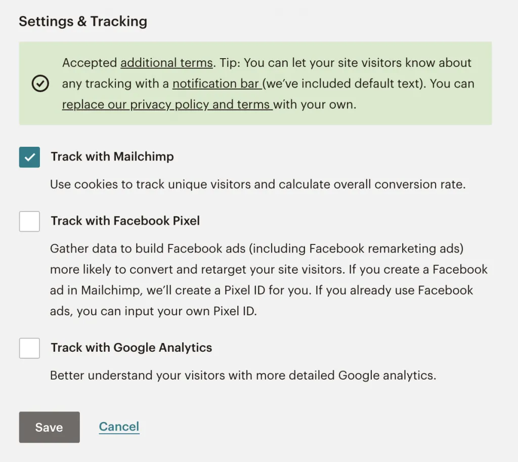 setting and tracking options for mailchimp landing page