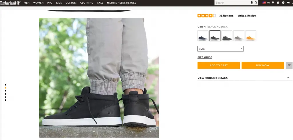 screenshot from Timberland's product page