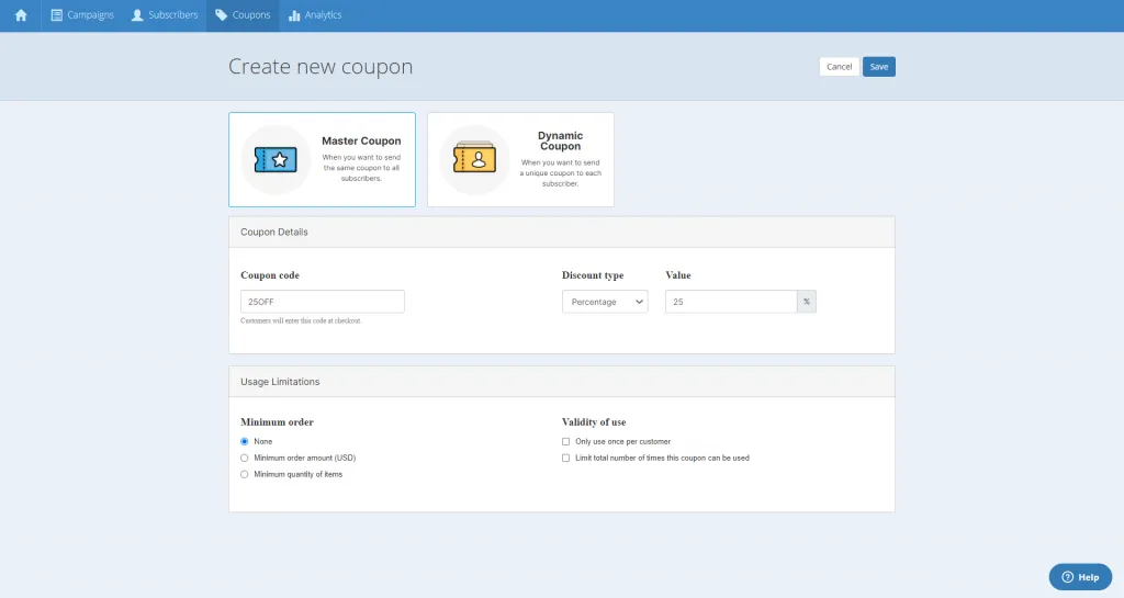 create new coupon menu