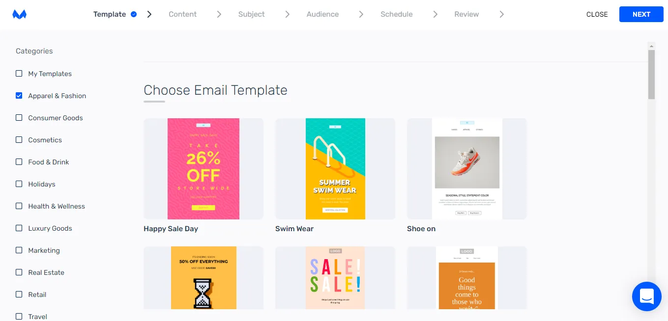 Choose a template in the Mailmunch email builder