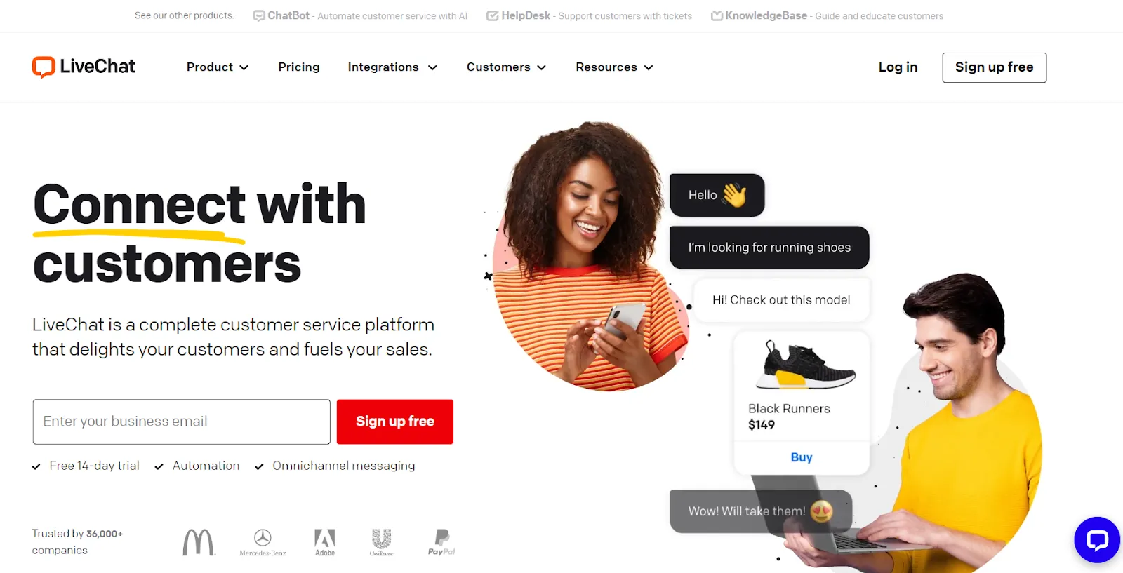 Product landing page example: Livechat