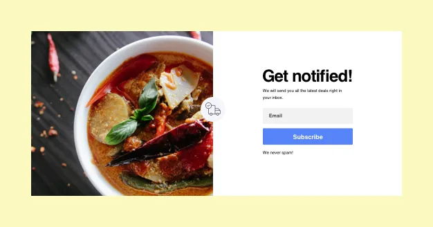 A “Get notified!” signup popup with an email field and subscribe button