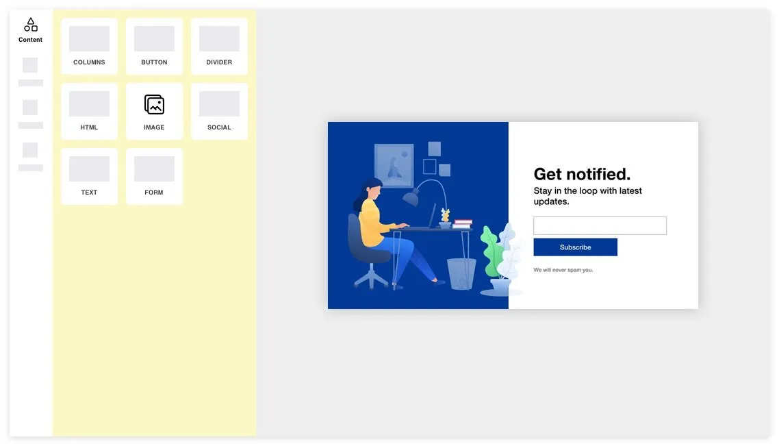 Mailmunch form builder editing a “Get notified” popup