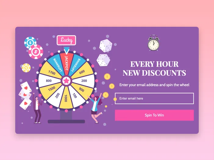A spin-to-win popup: “Every hour new discounts”, with a prize wheel and an email field
