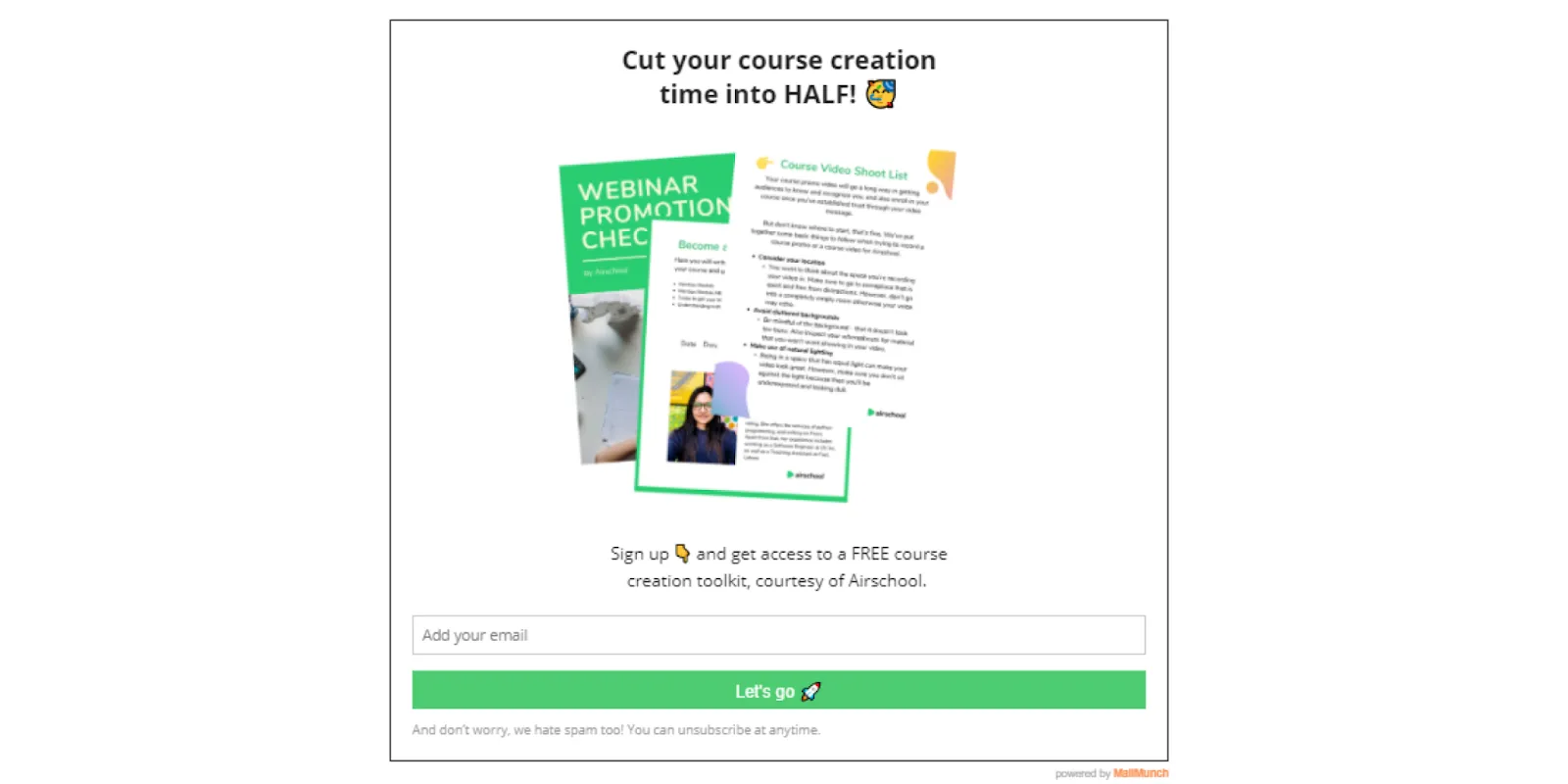 Opt-in form offering a free course creation toolkit lead magnet in return for an email address