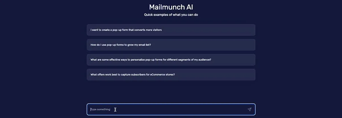 Mailmunch AI showing quick examples of what you can ask it