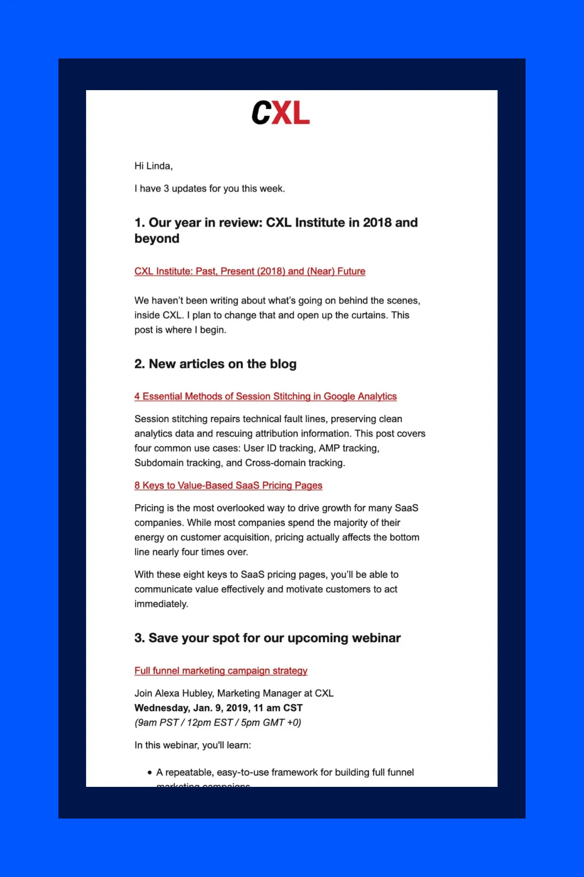 CXL promotional email