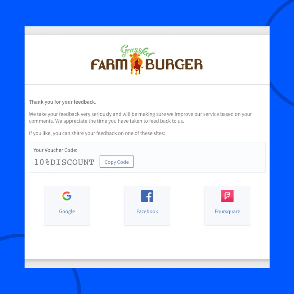 Feedback thank you email by Farm Burger