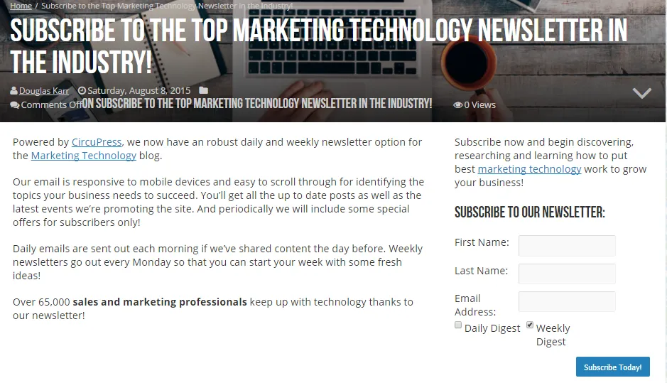 Marketing tech blog subscribe page