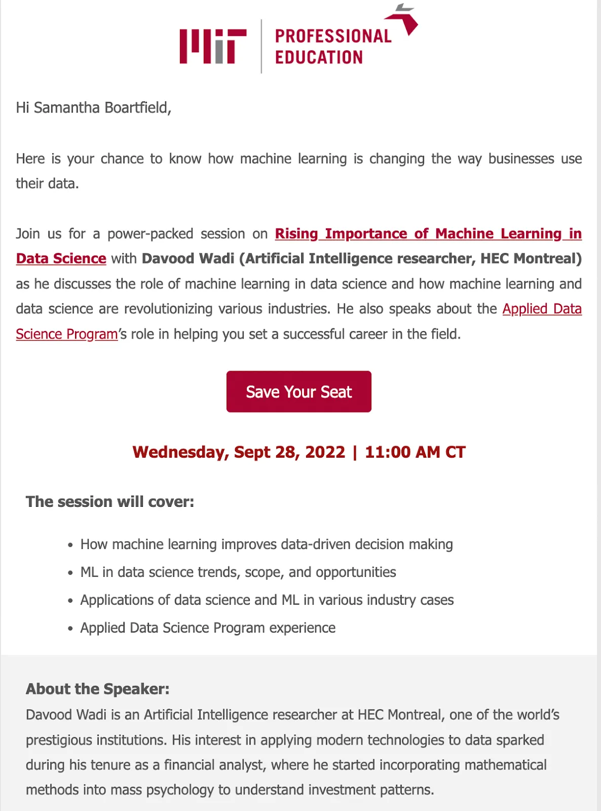 Event or webinar announcement email: MIT
