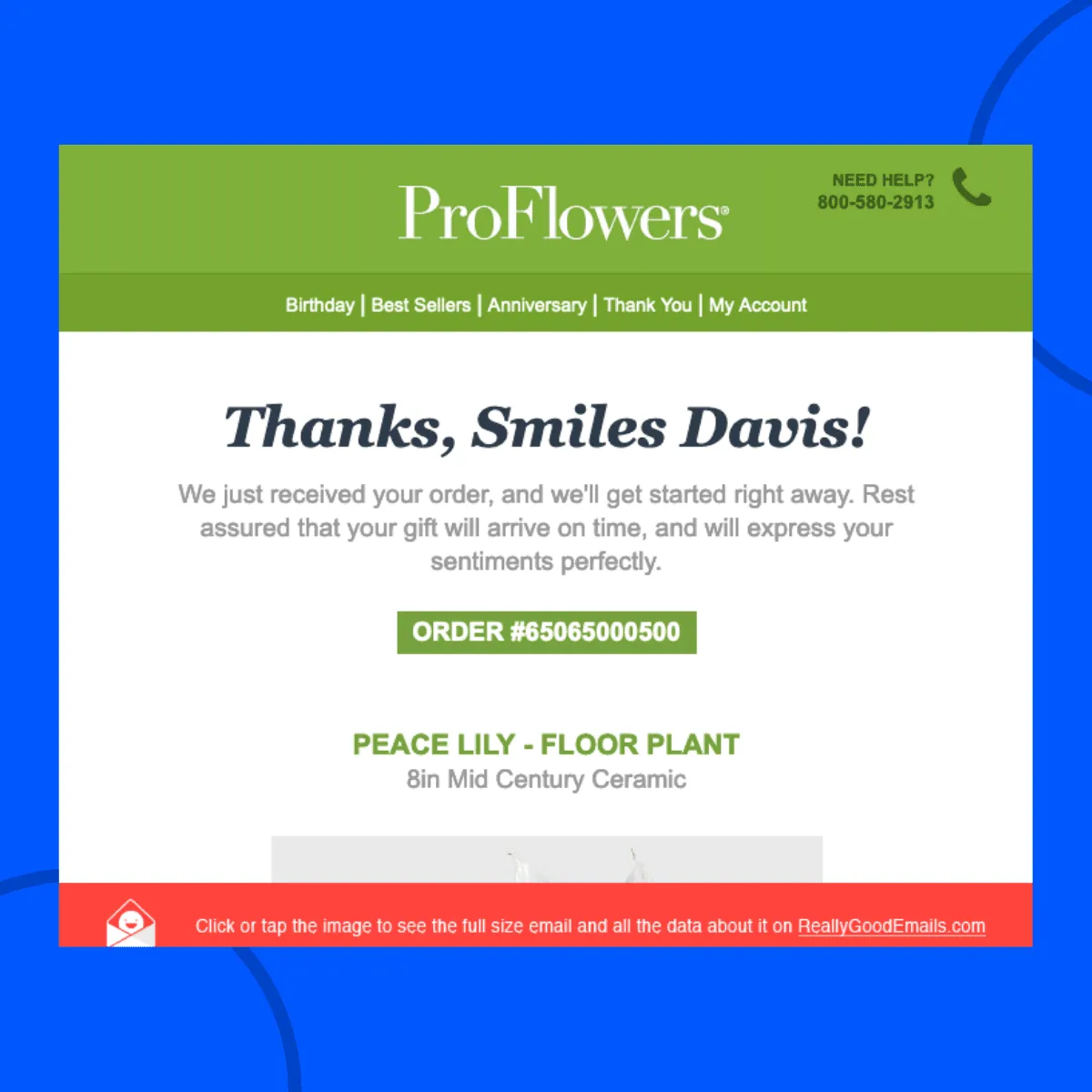 Customized order placement thank you email