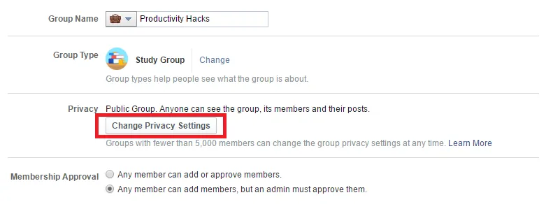 Facebook group privacy settings