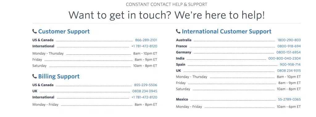 constant contact support page
