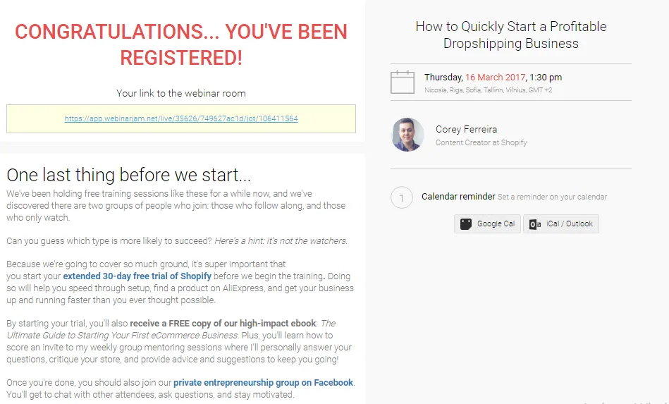 Shopify webinar thank you page