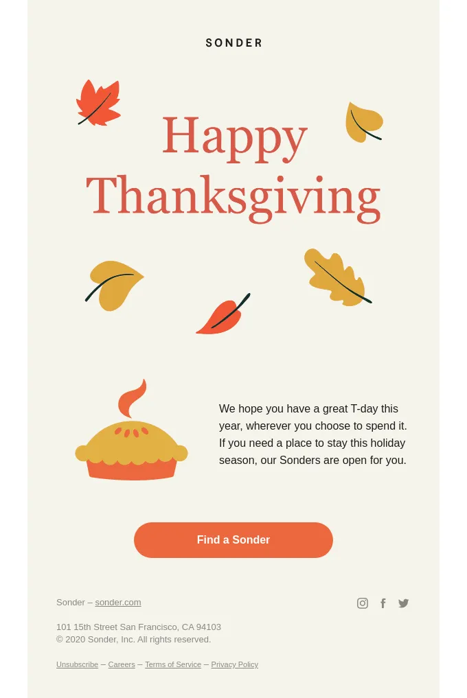 Thanksgiving email example: Sonder