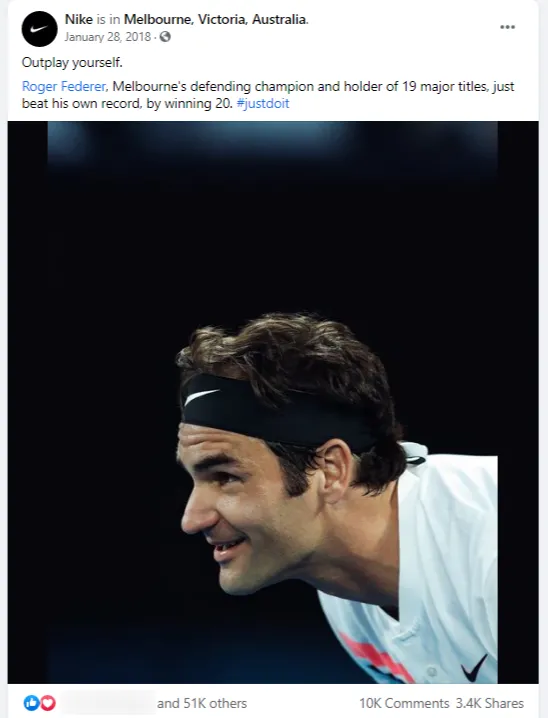 Facebook post of Nike showcasing tennis player Roger Federer