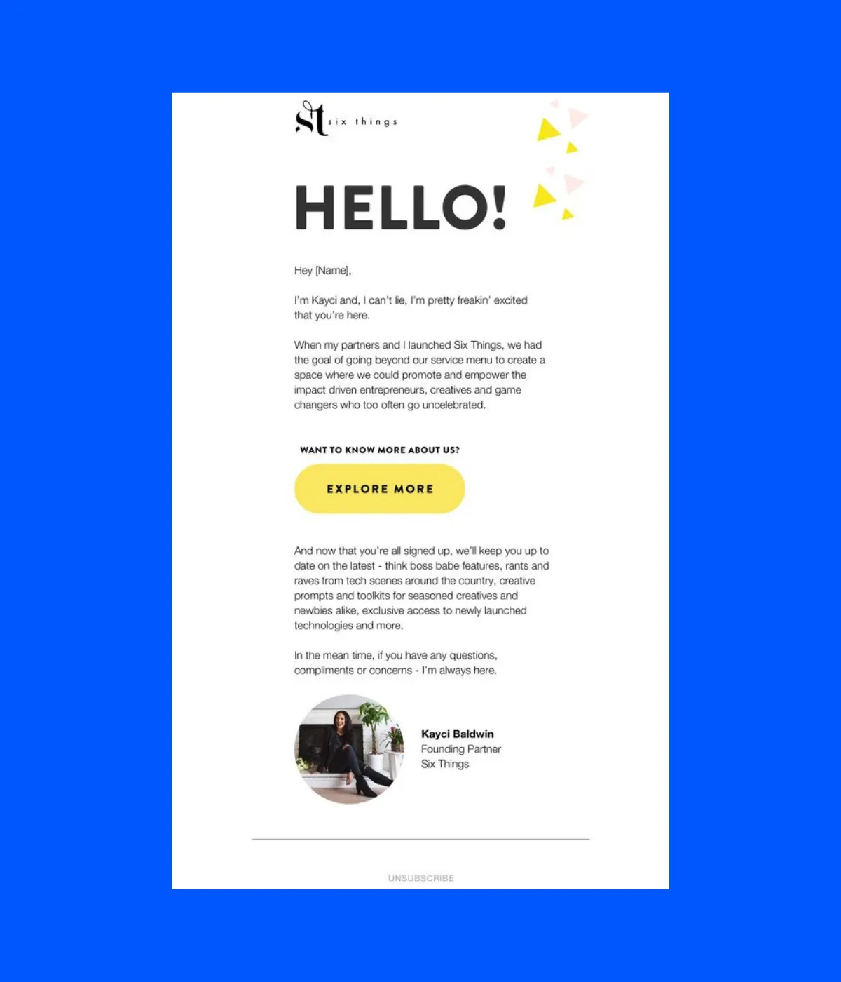 Six Things get started email