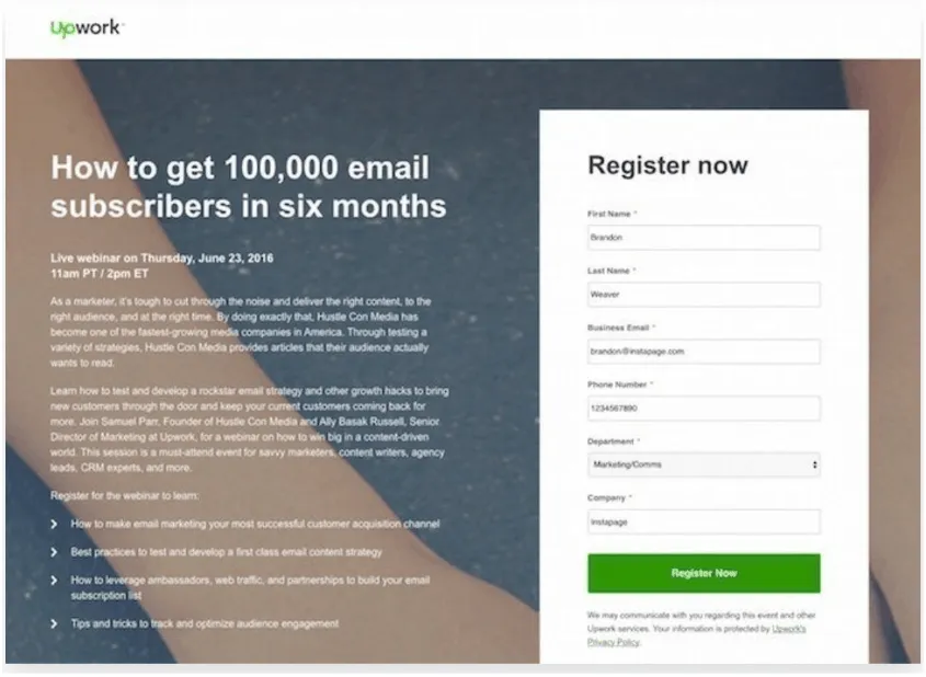 upwork landing page