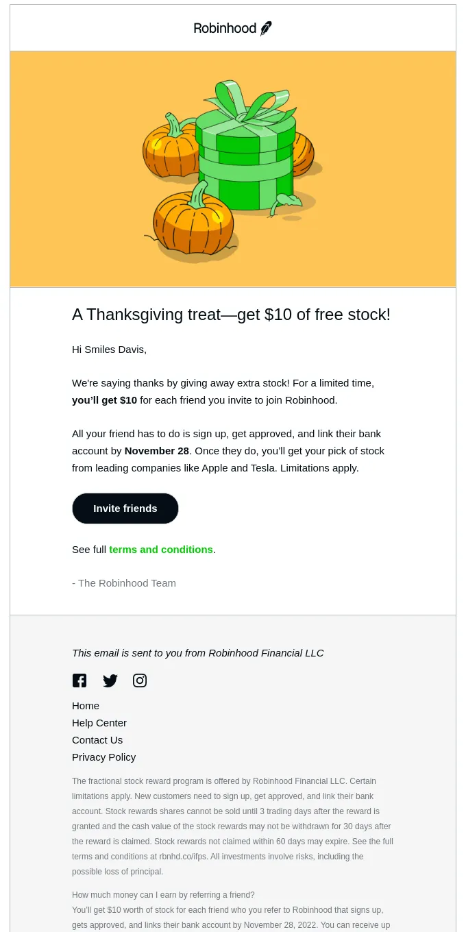 Thanksgiving email example: Robinhood