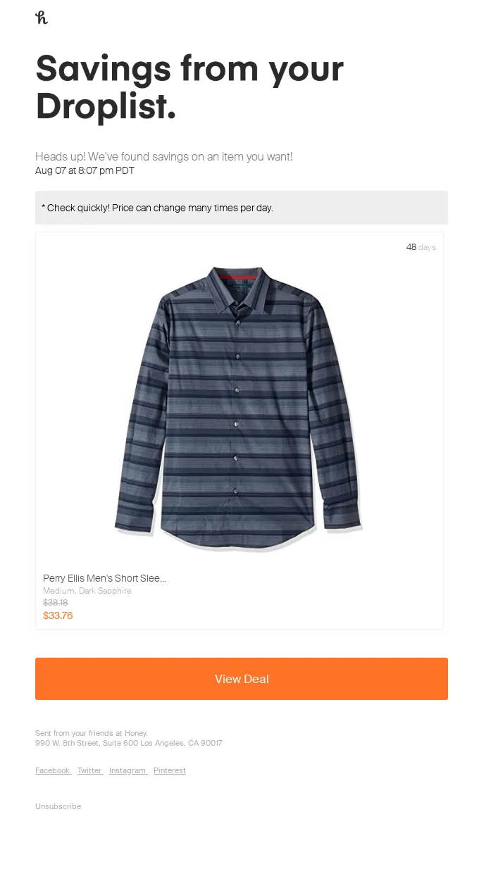 Personalized email example: Honey