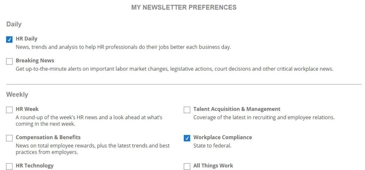 newsletter preferences menu screenshot