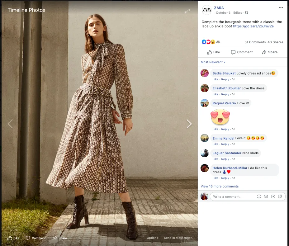 screenshot from Zara's facebook page
