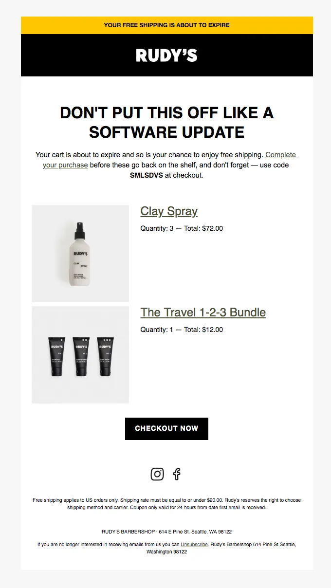 Cart abandonment email example