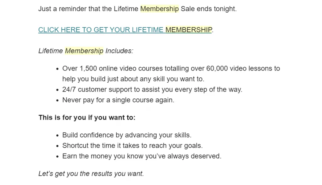 email promoting a membership program by stating its features and benefits