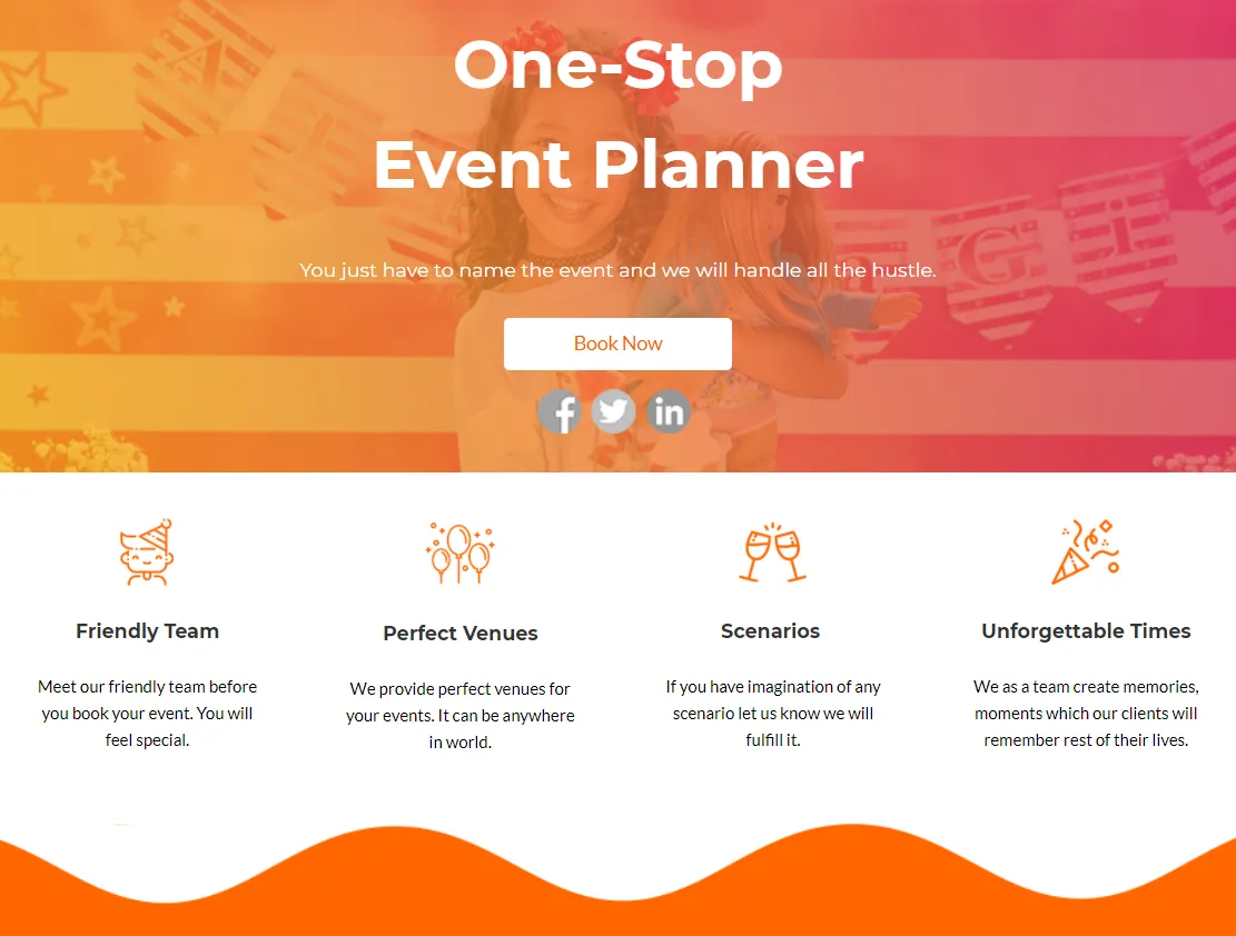 talks about event planners and their qualities along with CTA and social media sharing buttons