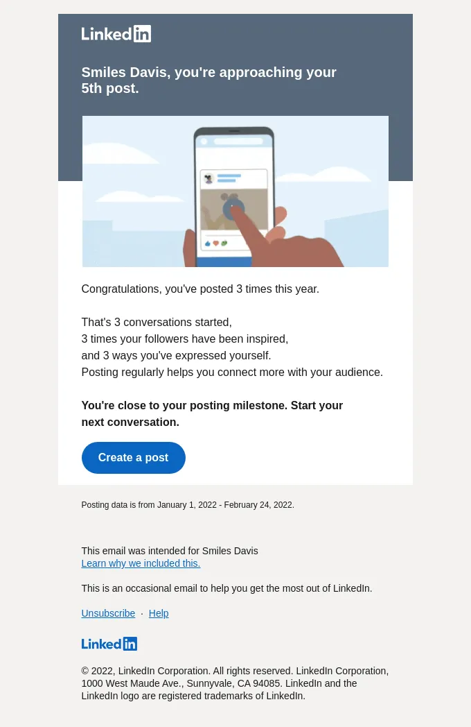 Milestone email example