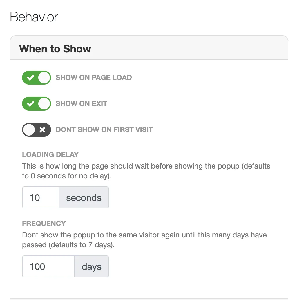 popup settings based on triggers